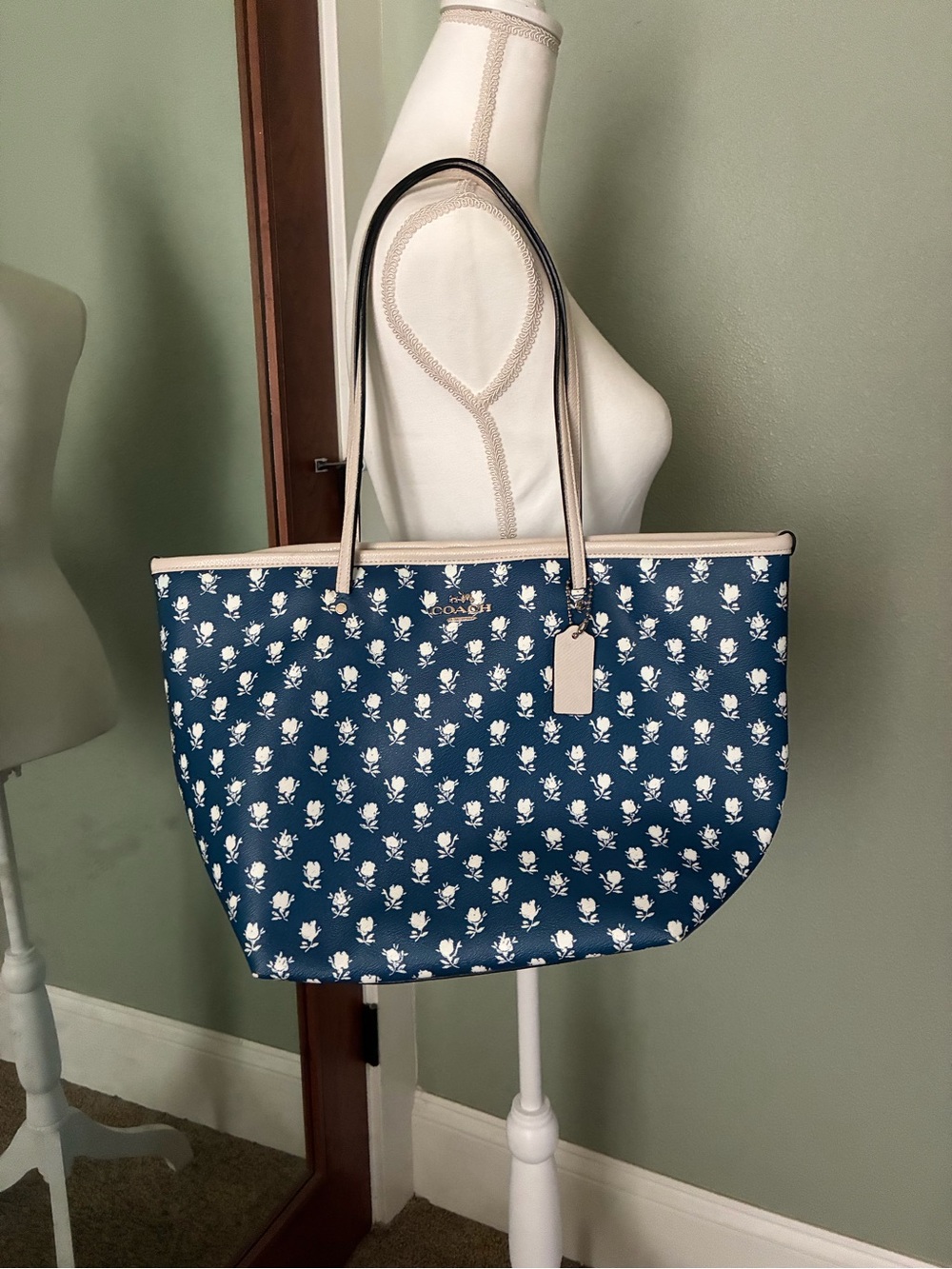 Coach Blue and white Floral badland tote with White Trim